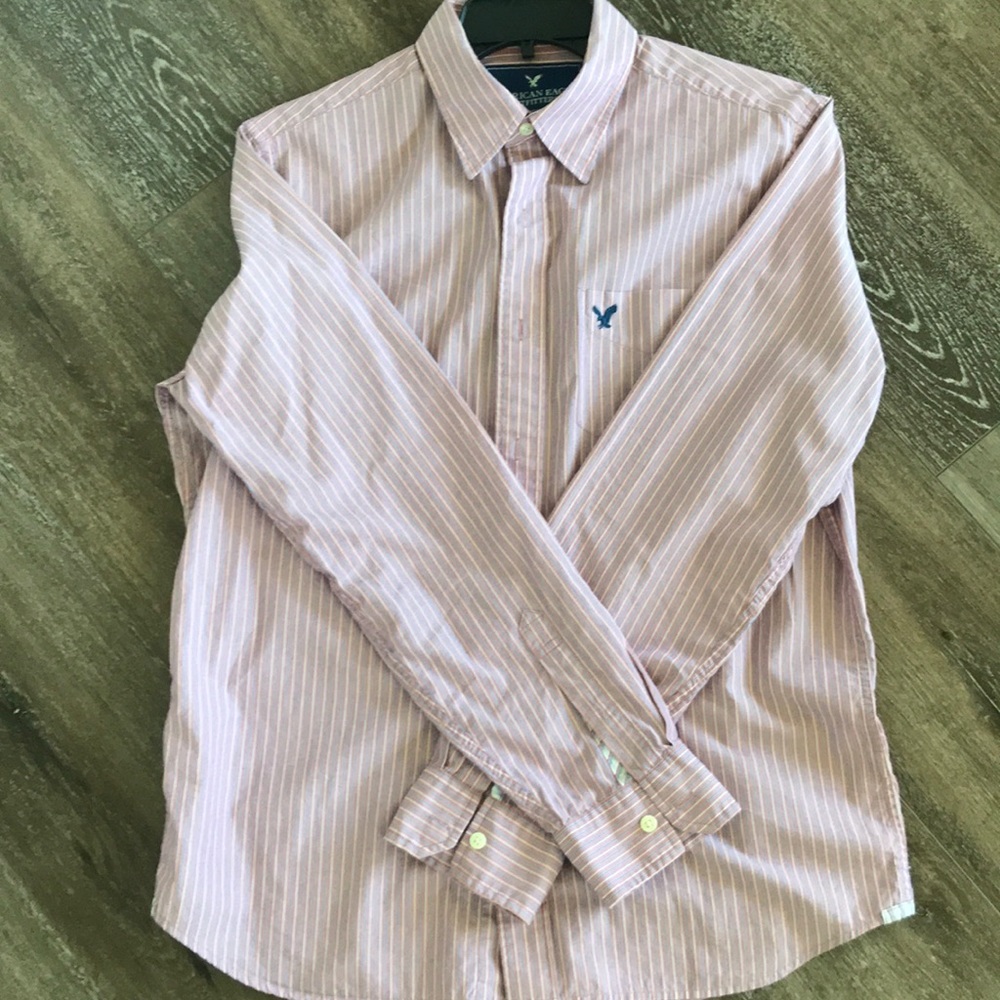 Pink and Blue striped mens American eagle shirt.